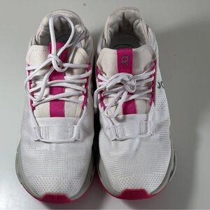 On Running White Sneakers with Pink Accent Stripe